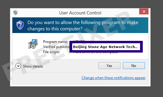 Screenshot where Beijing Stone Age Network Technology Limited Company appears as the verified publisher in the UAC dialog